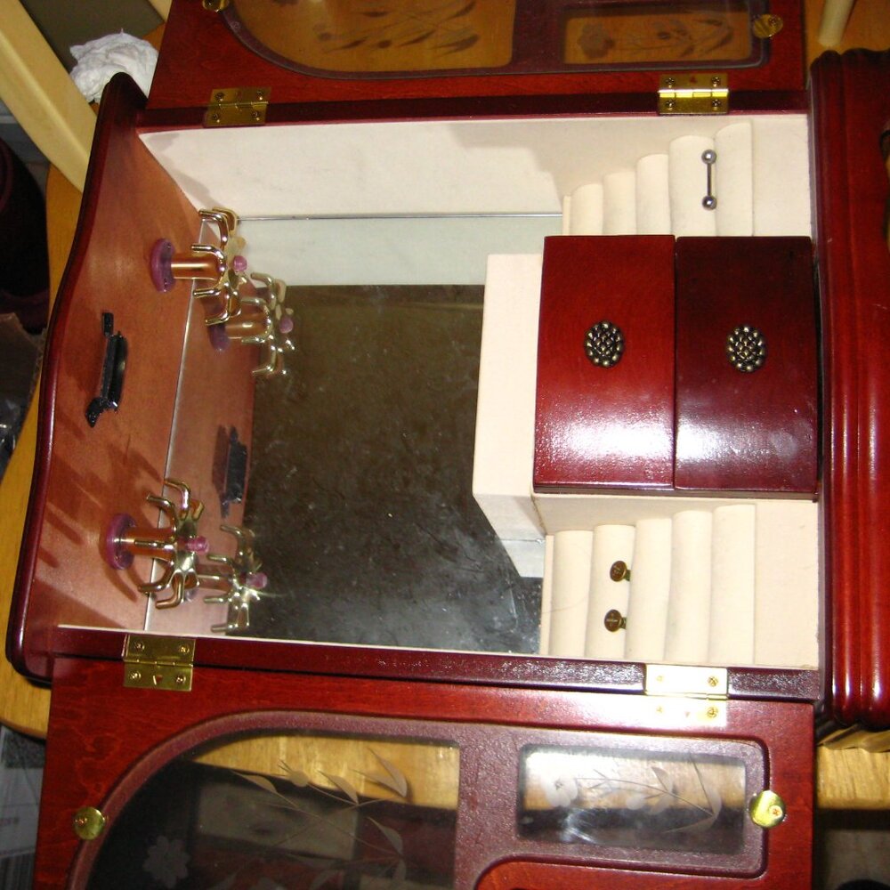 Elegant Red Wood Jewelry Cabinet with Glass Doors - Picture 2 of 9